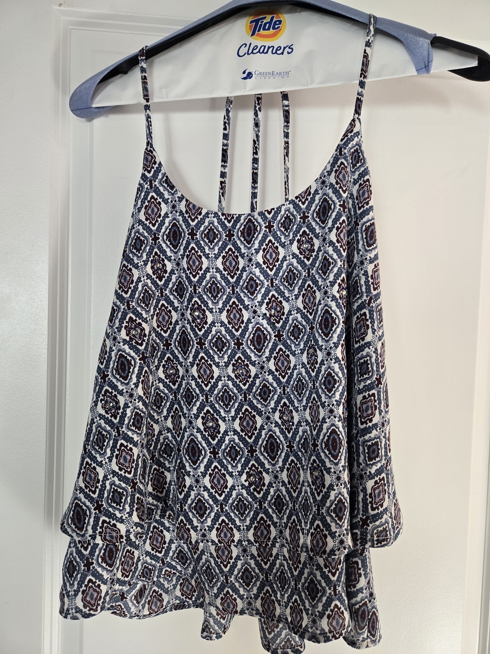 Miss Me Blue and White Geometric Spaghetti Strap Camisole